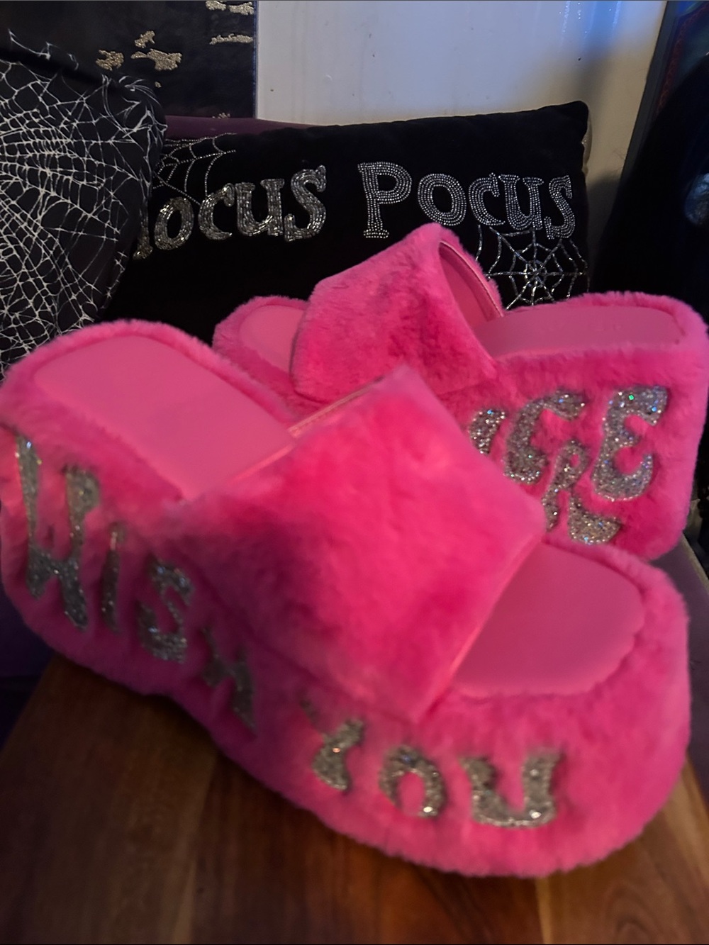 dELiA*s Hot Pink Plush Platform Slide Sandals with Silver Glitter